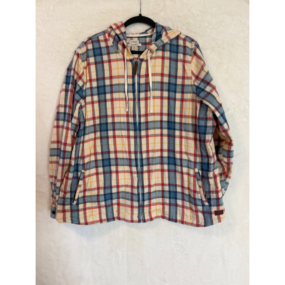 LL Bean Flannel Hoodie Womens 2X Plus Blue Red Plaid Full Zip Cotton Jacket